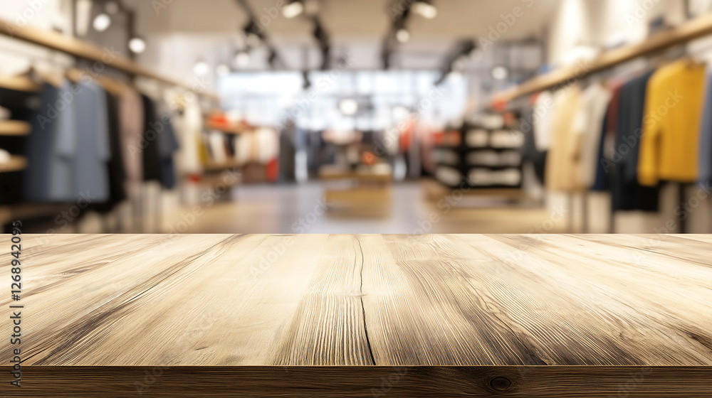 Empty Wooden Table with Blurred Fashion Store Background – Perfect for Product Display, E-commerce, and Retail Marketing Empty Wooden Table with Blurred Fashion Store Background – Perfect for Product Display, E-commerce, and Retail Marketing