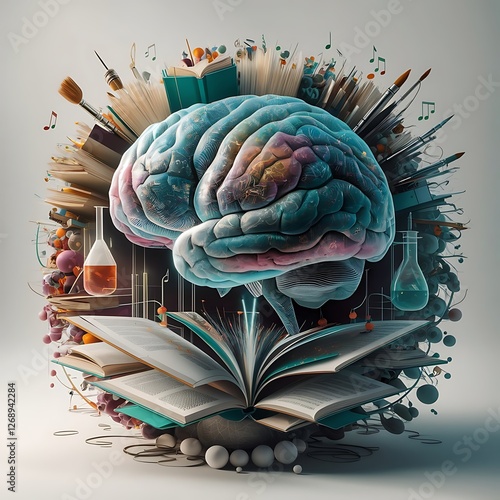A surreal 3D-rendered artwork of a pink brain bursting with creativity and knowledge. Around the brain 