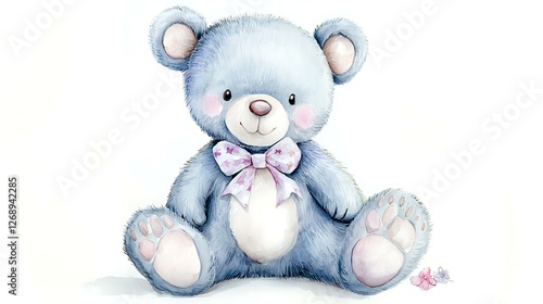 Fluffy chibi bear cub with soft round ears, a tiny nose, and pastel watercolor fur, sitting happily on a white background