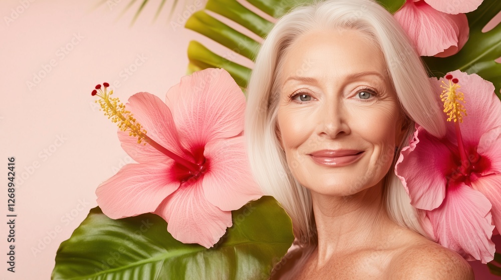Ageless Beauty: A radiant mature woman with shoulder-length gray hair smiles serenely, framed by vibrant pink hibiscus flowers and lush tropical leaves. Ageless Beauty: A radiant mature woman with shoulder-length gray hair smiles serenely, framed by vibrant pink hibiscus flowers and lush tropical leaves.