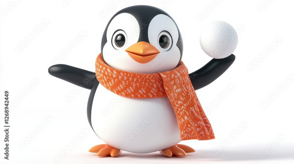 Obraz premium Cute cartoon penguin character with a snowball and orange scarf