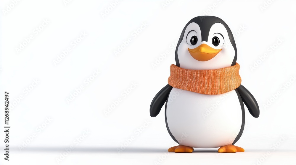 Fototapeta premium Cute Cartoon Penguin Character in Cozy Orange Scarf on White Background