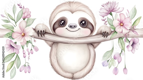 Happy chibi sloth hanging from a small watercolor branch, with sleepy eyes and soft fur shading, on a white background