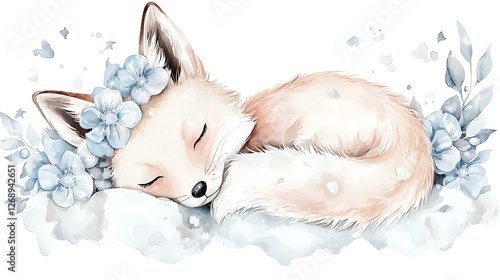 Kawaii chibi arctic fox with a fluffy tail, curled up in the snow, soft watercolor textures, white background