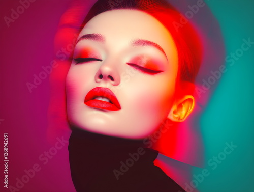 Wallpaper Mural Bright portrait of a fashionable woman, light effect of doubling, light strip on the face, motion blur effect. Fashion show, fashionable clothes, accessories advertising. Shooting in neon light, Torontodigital.ca