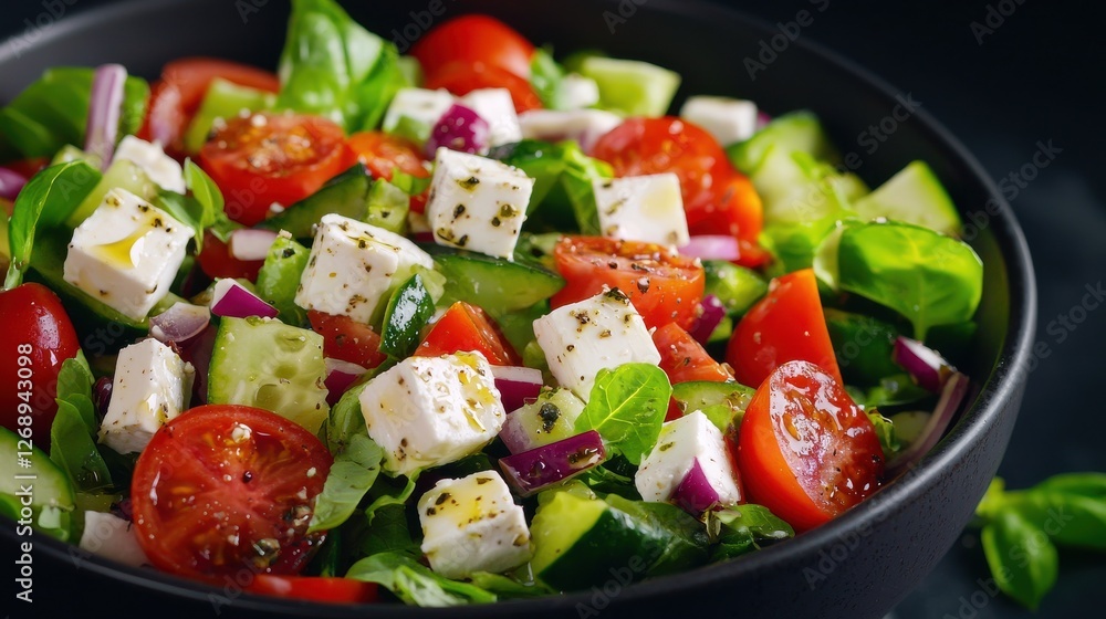 A vibrant salad featuring fresh tomatoes, cucumbers, feta cheese, and leafy greens, presented in a dark bowl for a striking contrast. A vibrant salad featuring fresh tomatoes, cucumbers, feta cheese, and leafy greens, presented in a dark bowl for a striking contrast.
