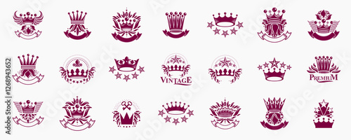 Heraldic Coat of Arms with crowns vector big set, vintage antique heraldic badges and awards collection, symbols in classic style design elements, family or business logos.