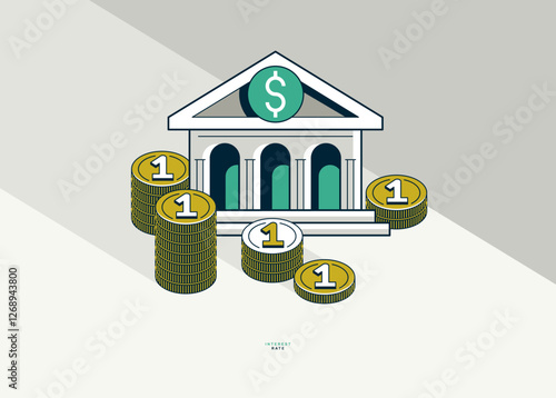 Interest rate concept poster, vector icon style illustration of a bank building with coin stack, credit rate, investment and income, bank loan.