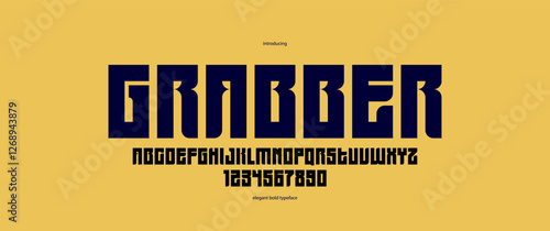 Bold simple sans serif display font for logos headers or slogans, vector thick and heavy geometric typeface, uppercase letters alphabet with numbers, poster and advertising.