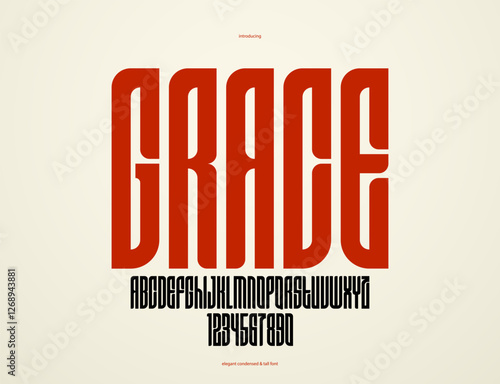 Condensed simple sans serif elegant display font for logos headers or slogans, vector tall and beautiful geometric typeface, uppercase letters alphabet with numbers, poster and advertising.
