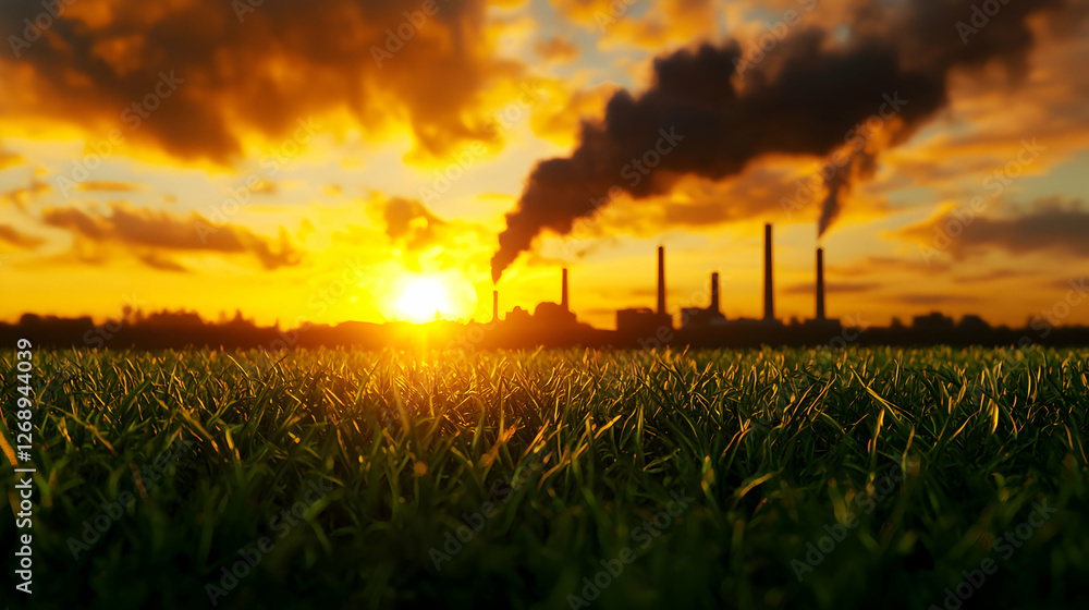 Obraz premium Golden Sunset Over Green Grass Field With Industrial Plant Silhouette and Dramatic Clouds