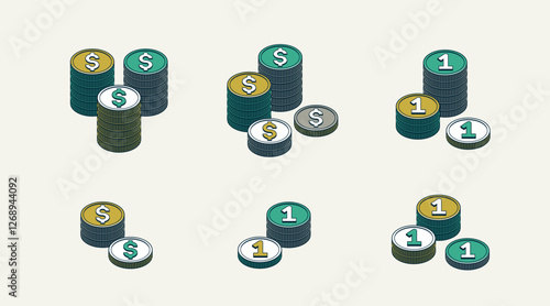 Coins vector set, cash stack icons or illustrations 3d isometric style, success or casino game theme, treasures.