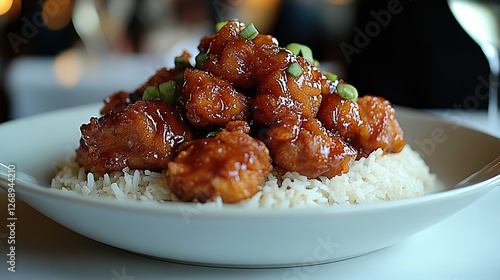 Tender General Tsoaes Chicken, crispy exterior, sweet and sour sauce drizzled over, served with jasmine rice
