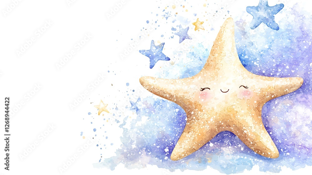 Kawaii chibi starfish from another galaxy, glowing with cosmic energy, floating in deep space, soft watercolor blend, white background Kawaii chibi starfish from another galaxy, glowing with cosmic energy, floating in deep space, soft watercolor blend, white background