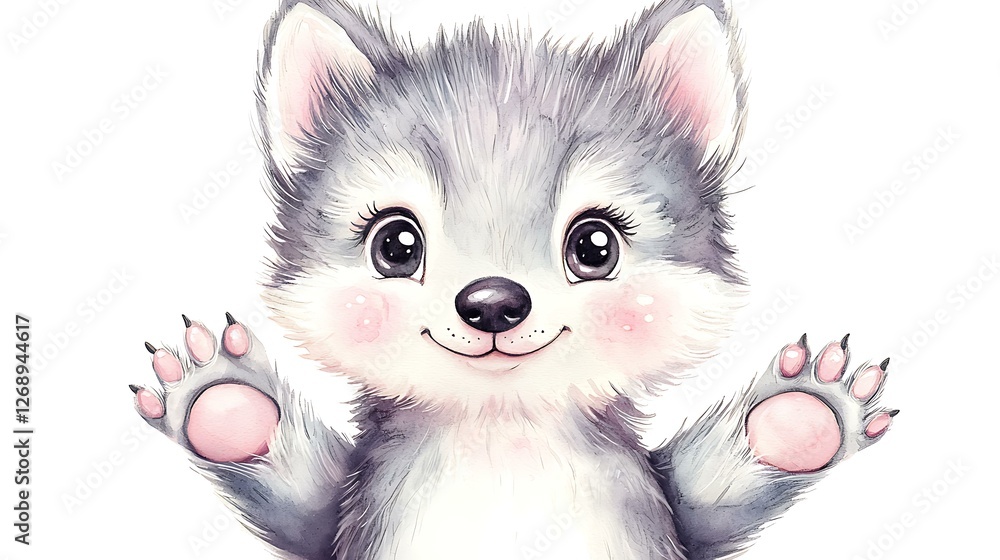 Fototapeta premium Kawaii chibi wolf with tiny paws, fluffy watercolor fur, and a happy expression, standing on a white background