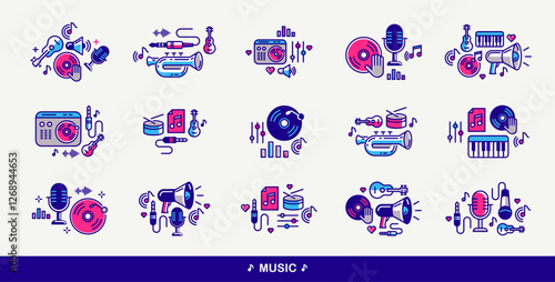 Sound producing and audio engineering vector detailed icons set, music mix and recording studio bundle, equipment and instruments.