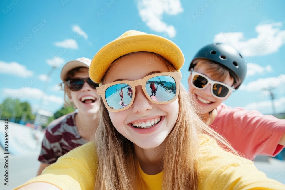 Skatepark selfie of smiling teens, sunglasses reflecting skateboarding friends on a sunny day Skatepark selfie of smiling teens, sunglasses reflecting skateboarding friends on a sunny day