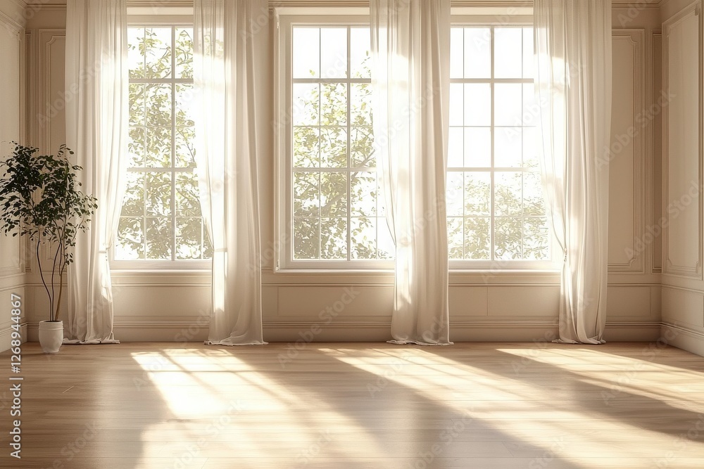 A sunlit empty room with large windows and sheer curtains, featuring wooden floors and a potted plant, creating a warm and inviting atmosphere. A sunlit empty room with large windows and sheer curtains, featuring wooden floors and a potted plant, creating a warm and inviting atmosphere.