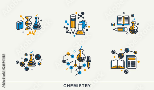 Chemistry vector detailed icons set, molecules and flasks laboratory experiment, science theme bundle.