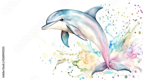Playful chibi dolphin with a cute smile, jumping in the air with a watercolor splash effect, isolated on a white background