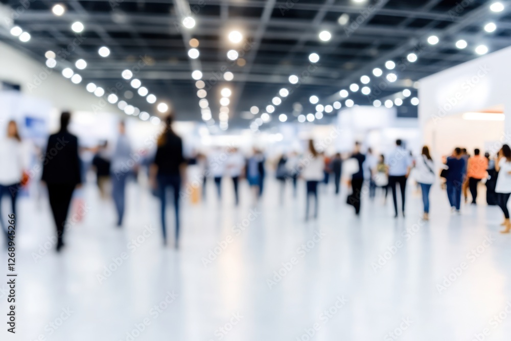 Blurred view of people walking in a brightly lit, modern convention center or exhibition hall Blurred view of people walking in a brightly lit, modern convention center or exhibition hall