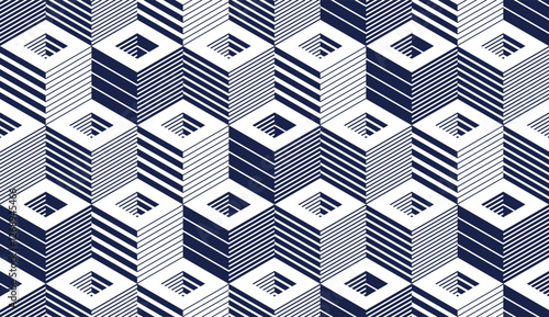 Cubes seamless pattern, abstract 3D optic background, trippy isometric linear polygon endless wallpaper, surreal effect black and white tiling pattern.