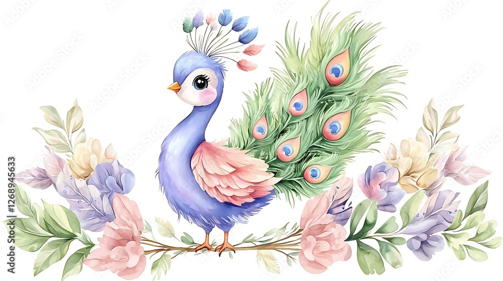 Fototapeta Playful chibi peacock with a tiny colorful tail, delicate watercolor feathers, and a proud stance, standing on a white background