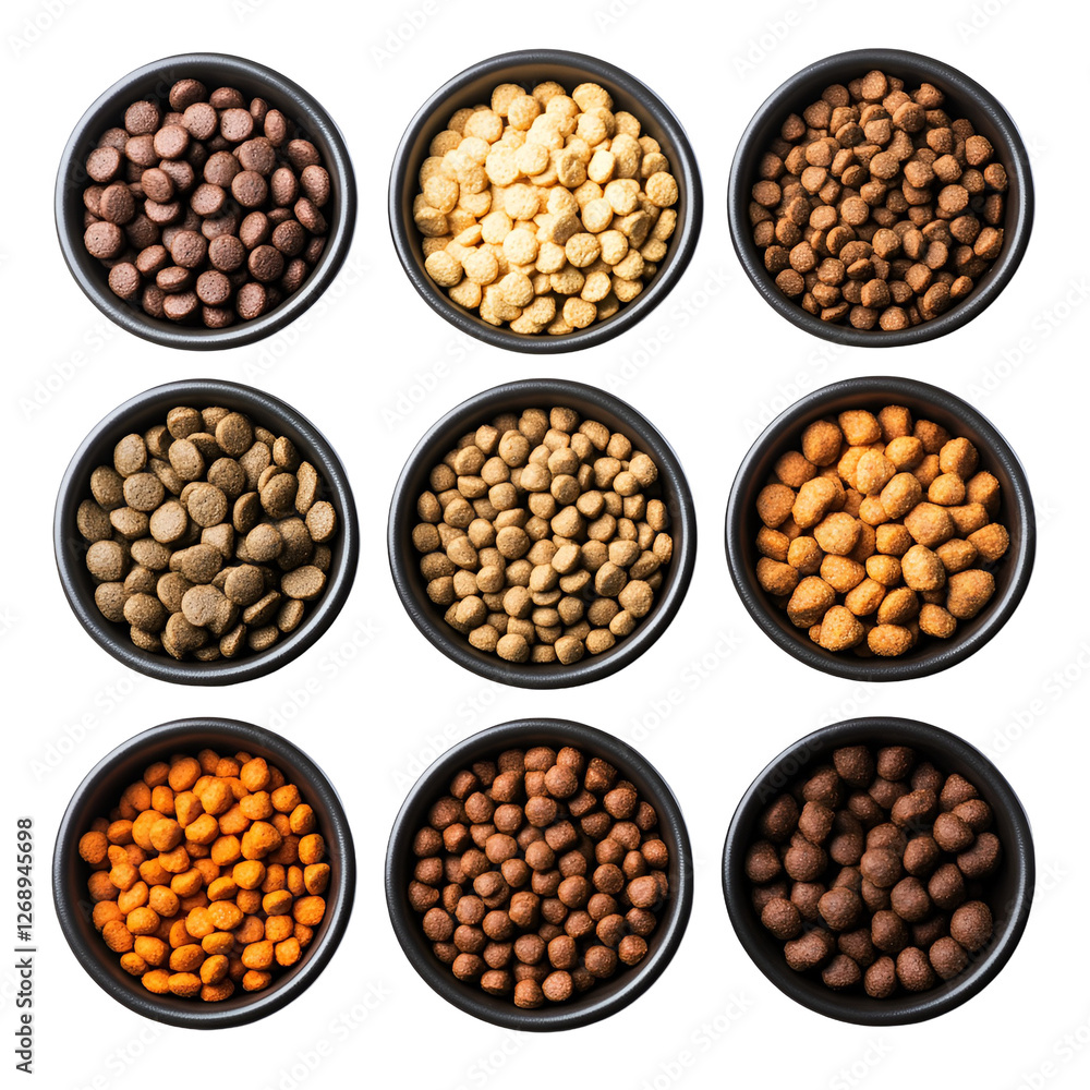 Nine Bowls of Assorted Dry Pet Food Kibble Variety Nine Bowls of Assorted Dry Pet Food Kibble Variety