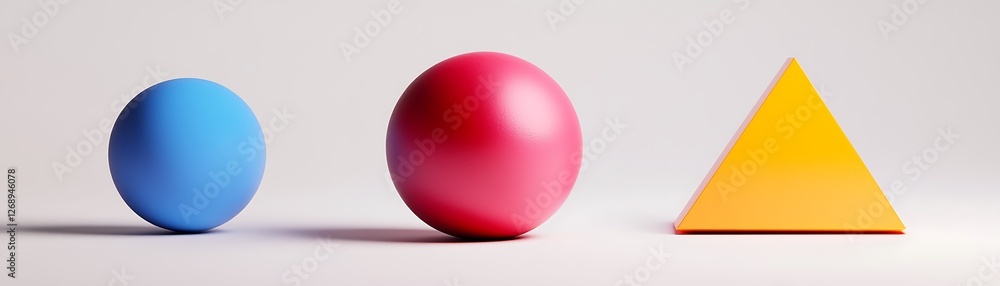 Fototapeta premium Vibrant geometric shapes in primary colors, showcasing a blue sphere, a red sphere, and an orange pyramid. Perfect for design, education, or creative projects.