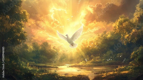 Glowing White Dove Descending from Golden Clouds, Symbolizing the Holy Spirit