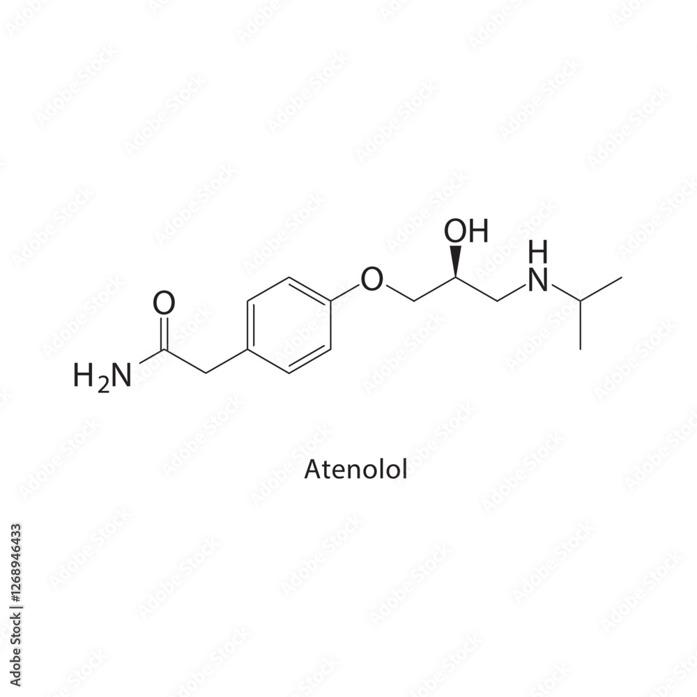Atenolol skeletal structure.Beta-Blocker compound schematic illustration. Simple diagram, chemical formula. Atenolol skeletal structure.Beta-Blocker compound schematic illustration. Simple diagram, chemical formula.