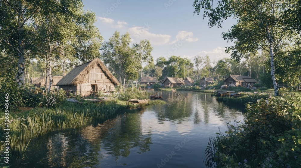 Peaceful thatched-roof village by a river, idyllic landscape Peaceful thatched-roof village by a river, idyllic landscape