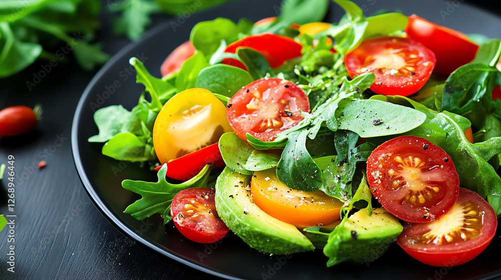 A vibrant, fresh salad featuring a variety of colorful tomatoes and leafy greens, expertly arranged on a black plate. Perfect for healthy eating or cooking inspiration. A vibrant, fresh salad featuring a variety of colorful tomatoes and leafy greens, expertly arranged on a black plate. Perfect for healthy eating or cooking inspiration.