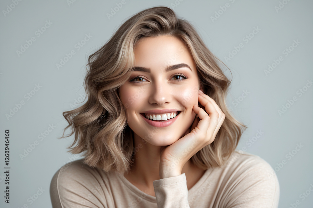 A young woman with wavy, shoulder-length brown hair smiled brightly with her hand gently resting on her cheek A young woman with wavy, shoulder-length brown hair smiled brightly with her hand gently resting on her cheek