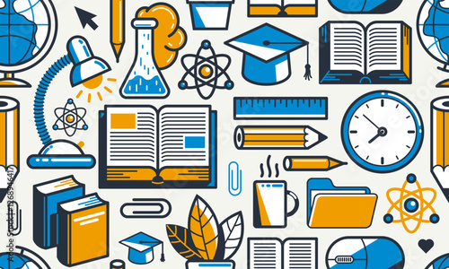 Education and study seamless background, vector endless wallpaper with physics and chemistry elements that can be used separately as an icon, school learning.