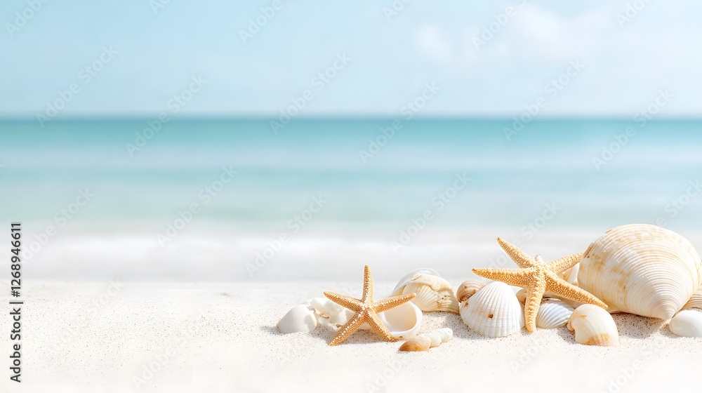 Seashells and starfish scattered on the sandy beach near calm turquoise waters on a sunny day Seashells and starfish scattered on the sandy beach near calm turquoise waters on a sunny day