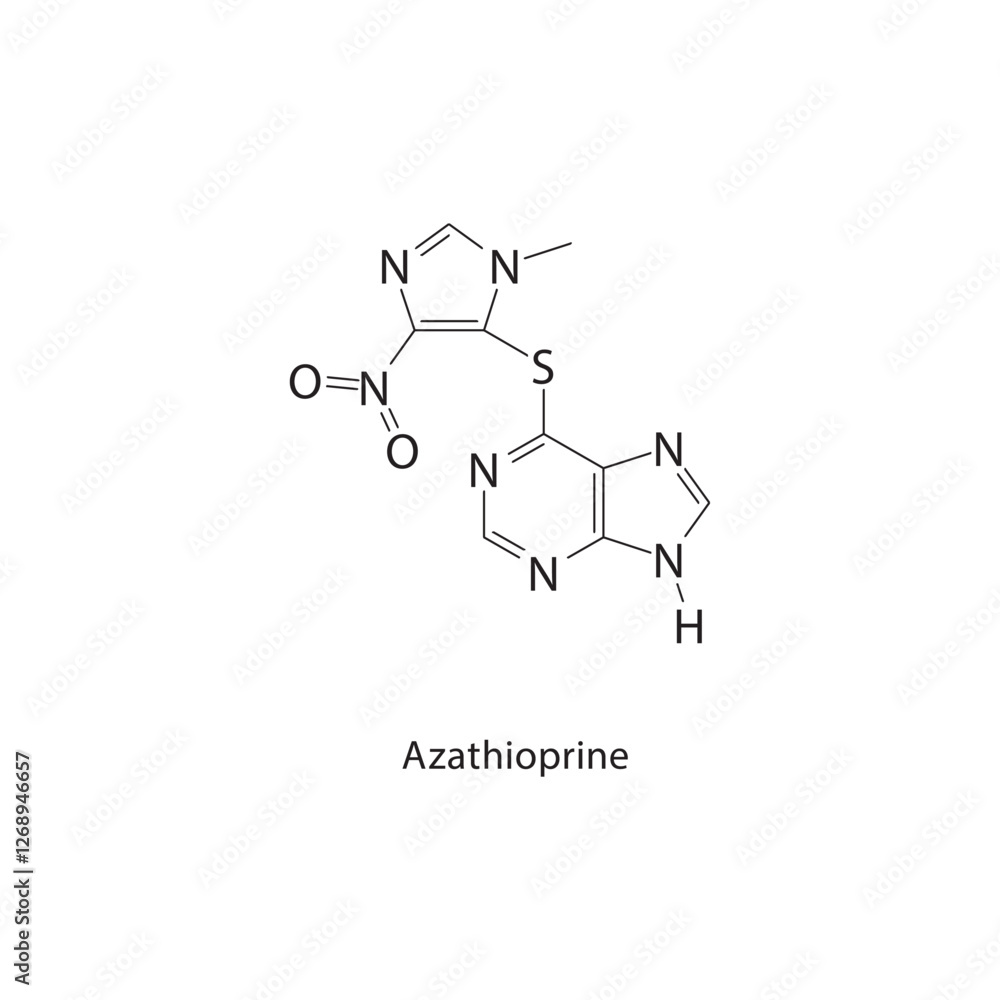 Azathioprine skeletal structure.Immunosuppressant compound schematic illustration. Simple diagram, chemical formula. Azathioprine skeletal structure.Immunosuppressant compound schematic illustration. Simple diagram, chemical formula.