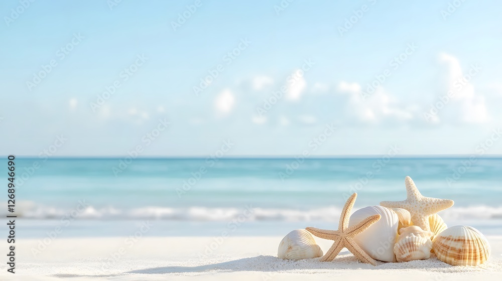 Calm beach morning with a variety of seashells and starfish on smooth sand near the tranquil ocean Calm beach morning with a variety of seashells and starfish on smooth sand near the tranquil ocean