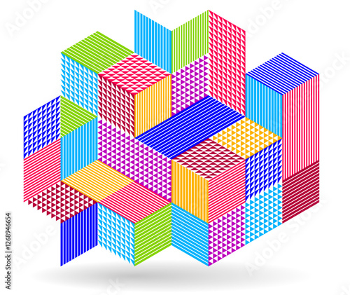 3D isometric cubic design vector geometric abstract background, modern city abstraction theme, construction buildings and blocks look like shapes, polygonal style.