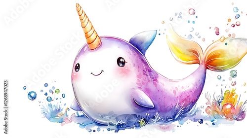 Tiny chibi narwhal with a glowing horn, swimming playfully, soft watercolor glow, white background