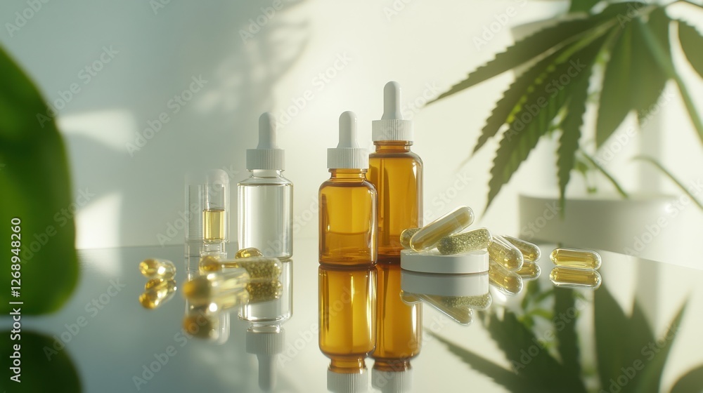 Essential Oils and Dietary Supplements on Reflective Surface Essential Oils and Dietary Supplements on Reflective Surface
