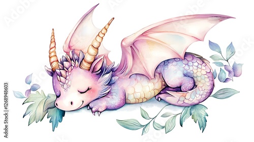 Chibi-style dragon with tiny wings, soft pastel watercolor scales, and a playful expression, flying on a white background