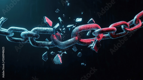 A cracked industrial metal chain breaking apart under pressure, symbolizing system failure, strength limits, and cybersecurity vulnerabilities.