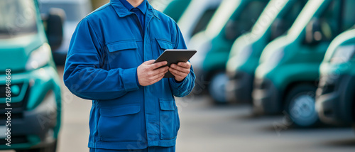 Man Fleet manager in blue uniform using digital tablet on background og green commercial electric vans