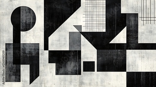 This abstract artwork features a dynamic composition of geometric shapes, colors, and textures, creating a visually striking piece perfect for modern design projects.