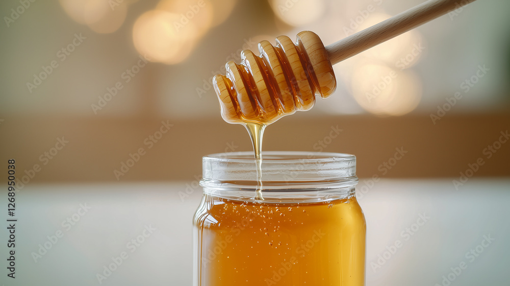 Wooden honey dipper pouring viscous honey into a jar Wooden honey dipper pouring viscous honey into a jar