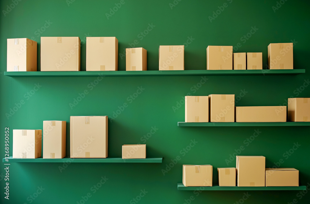 Cardboard boxes on the shelves on green wall Cardboard boxes on the shelves on green wall