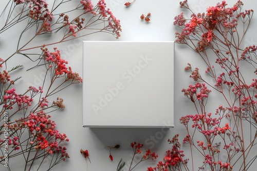Blank mockup of a white box on a light background and dried flowers