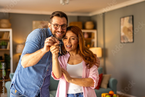 A couple is standing together, happily showing the key to their new home. The image captures excitement, achievement, and a fresh start as they celebrate homeownership in a joyful moment. photo