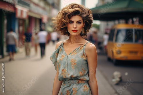 A woman in a green dress stands on a city street